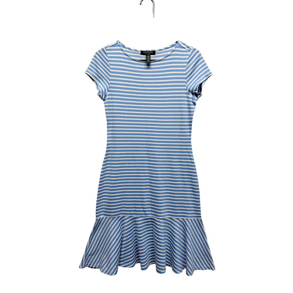 Lauren‎ Ralph Lauren Petite Blue White Striped Ruffle Hem Dress PS Short Sleeve